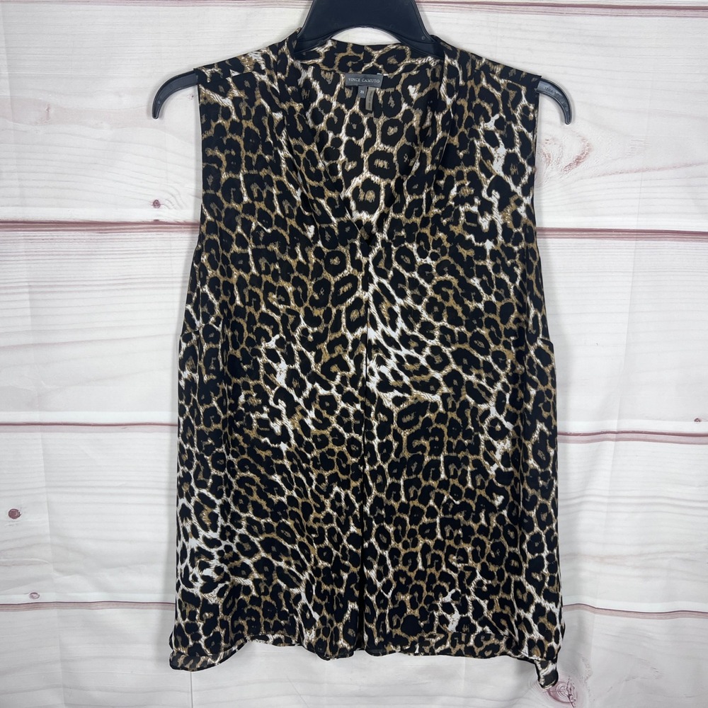 Vince Camuto Top Women 2X Brown Leopard Print Sleeveless V-Neck Blouse Pullover